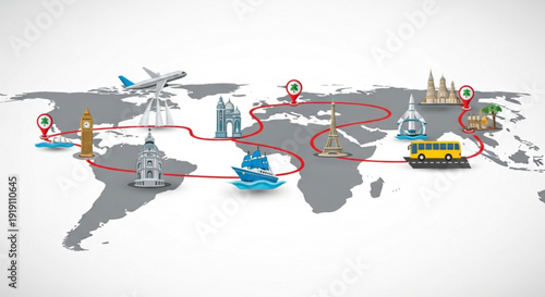 Global travel route map with landmarks and transportation modes around the world