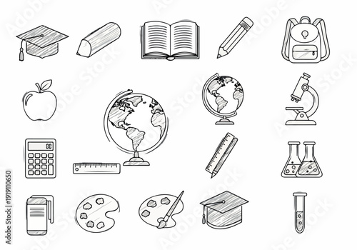 Collection of Hand-Drawn School and Education Icons Featuring Books, Globes, and Scientific Instruments for Learning