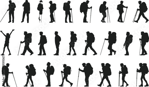 Silhouettes of hikers with backpacks and walking sticks in various poses on a white background trekking poles