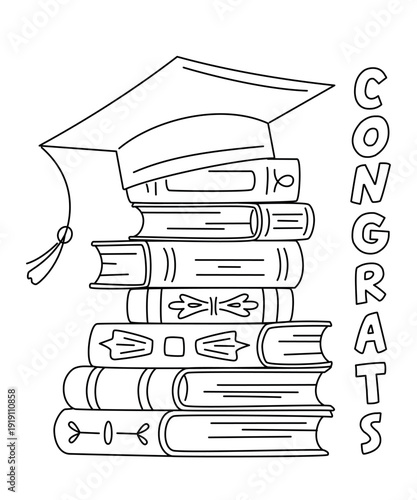 Doodle monochrome stack of books topped with traditional graduation. Vector line illustration, books set icon. Congrats sign. Congratulating banner. Isolated concept for graduation design