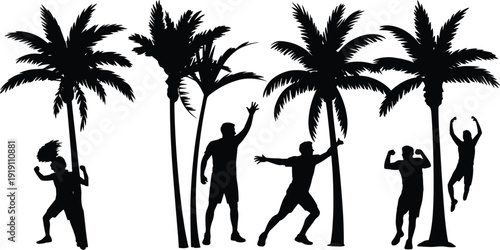 Silhouettes of people dancing and celebrating in front of palm trees on a white background