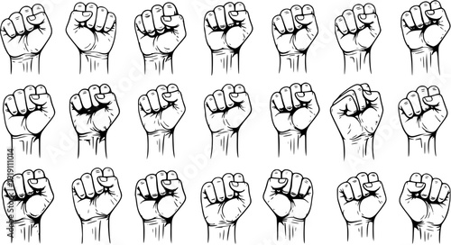 Raised Fists Pattern Vector Art - Black and White Clenched Hands Symbolizing Power, Protest, Revolution, Solidarity, and Resistance. Unity and Social Justice Graphic.