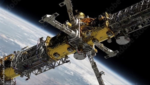 Realistic telecommunication satellite orbiting Earth with solar panels unfolding in space 4k