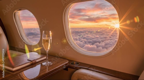 Luxury private jet interior with champagne glass on table, sunset view through window seat 4k