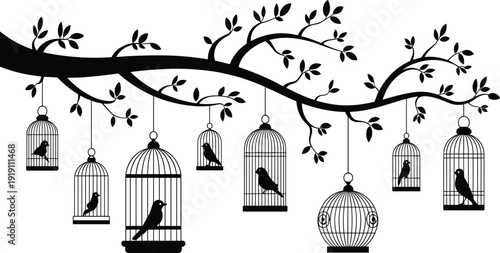 Silhouette tree branch with hanging birdcages containing birds, artistic freedom and confinement concept, decorative black design for nature, wildlife, and symbolic illustration themes