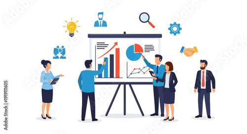Business team presentation with charts and diagrams for financial analysis