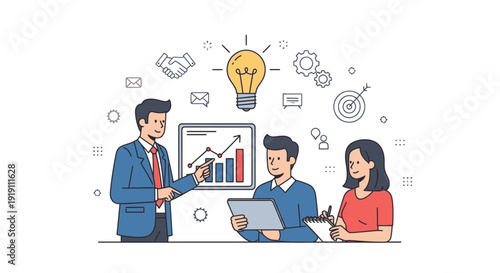 Business team brainstorming session with chart and lightbulb illustration