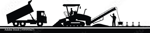 Construction site silhouette with a dump truck, asphalt paver, and workers on a road paving machinery