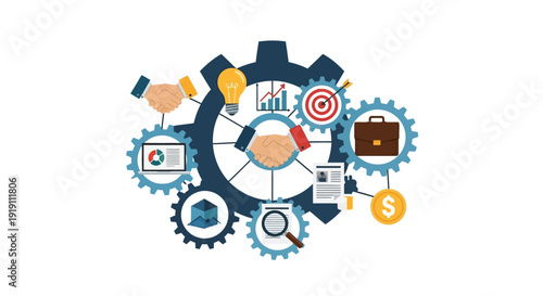 Business cooperation concept with gears and integrated icons on white background