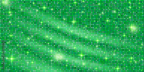 Background light green with mosaic sequin glitter and glam party pattern. Sparkle disco luxury with lime metallic color ball glass and fabric strass bokeh. Vector shiny disco fabric texture.