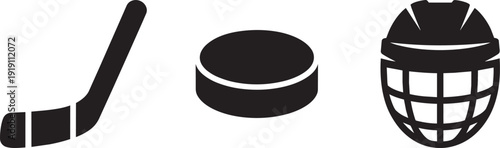 Ice hockey equipment icons including curved stick flat puck and protective goalie face mask