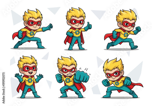 Set of cute boy superhero characters in various action poses. Flat vector illustration of a brave little hero wearing a yellow suit, red cape, and mask. Energetic kid power concept.