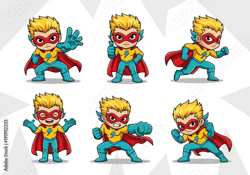 Set of cute boy superhero characters in various action poses. Flat vector illustration of a brave little hero wearing a yellow suit, red cape, and mask. Energetic kid power concept.