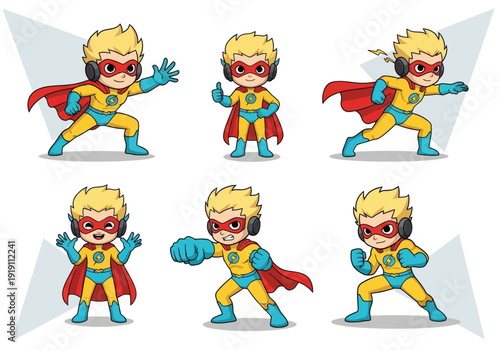 Set of cute boy superhero characters in various action poses. Flat vector illustration of a brave little hero wearing a yellow suit, red cape, and mask. Energetic kid power concept.