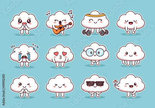Set of cute cloud mascots with various emotions. Flat vector illustration of funny white clouds playing guitar, lifting weights, crying, and smiling. Kawaii characters on blue background.