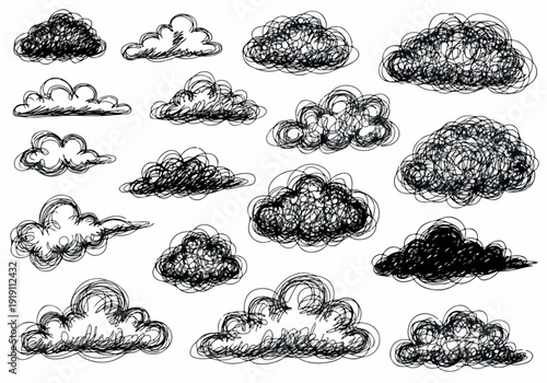 Collection of hand-drawn clouds in a sketchy, illustrative style, offering a variety of unique cloud shapes and forms on a clean white background