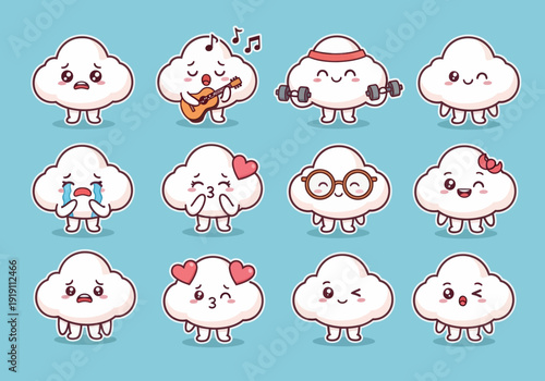 Set of cute cloud mascots with various emotions. Flat vector illustration of funny white clouds playing guitar, lifting weights, crying, and smiling. Kawaii characters on blue background.