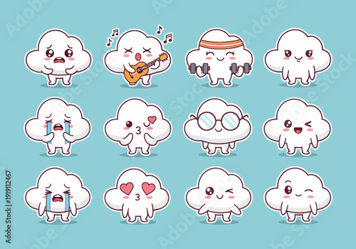 Set of cute cloud mascots with various emotions. Flat vector illustration of funny white clouds playing guitar, lifting weights, crying, and smiling. Kawaii characters on blue background.