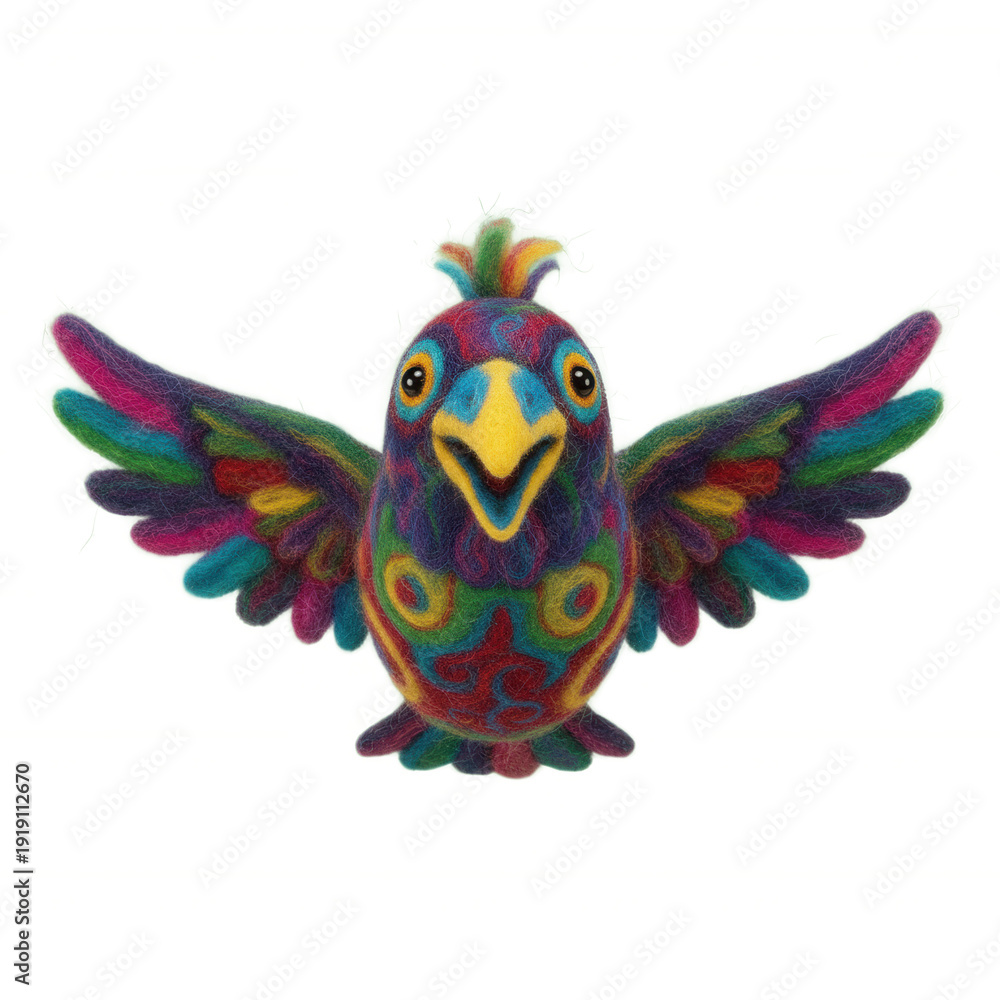 Fototapeta premium Colorful Felted Bird with Open Beak and Wings