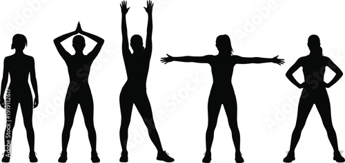 Silhouettes of five women in various dynamic fitness poses, showcasing exercise and active lifestyles