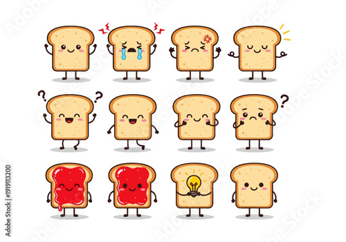 Set of cute bread slice mascots with various emotions. Flat vector illustration of funny toast characters including happy, sad, angry, and jam toppings isolated on white background.