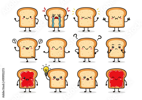 Set of cute bread slice mascots with various emotions. Flat vector illustration of funny toast characters including happy, sad, angry, and jam toppings isolated on white background.