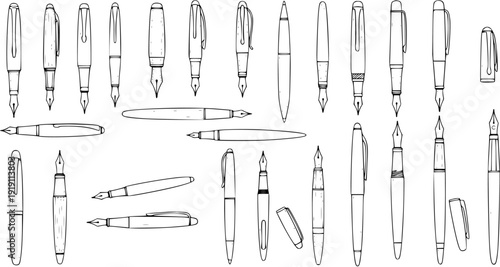 Hand-Drawn Fountain Pens Collection Sketch. Doodle Set of Vintage Ink Writing Instruments in Various Styles, Isolated on White Background.