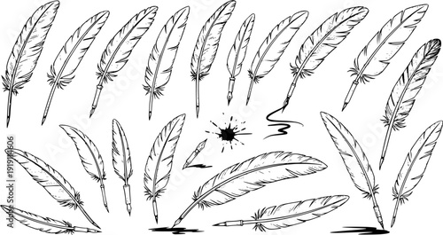 Hand-drawn collection of antique feather quill pens, ink splatters, and strokes, black and white sketch illustration for writing, calligraphy, and vintage design.
