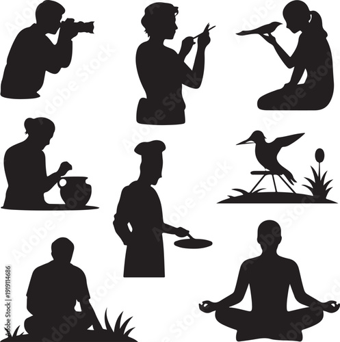 Silhouette illustrations of various people and a bird in different activities on white background