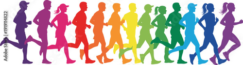 Large collection of colorful diverse runners silhouettes in motion jogging and sprinting isolated on white background for sports fitness and healthy lifestyle vector design.