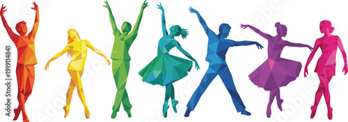 Large collection of colorful low poly geometric dancers silhouettes in various graceful poses isolated on white background for performing arts and creative design projects.