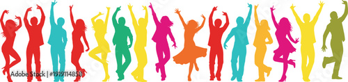 Large collection of colorful people silhouettes dancing and celebrating in various joyful poses isolated on white background for party event and music festival design.