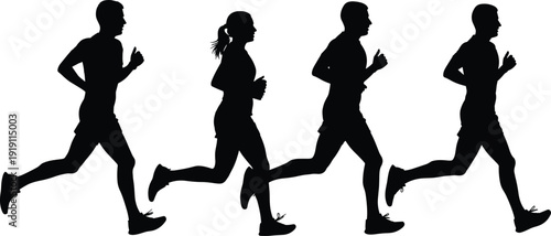 Large group of diverse people silhouettes in motion jogging and sprinting in a row isolated on white background for sports fitness and lifestyle vector.