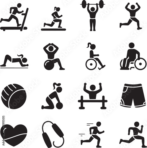 Black silhouettes of people exercising and fitness icons on white background