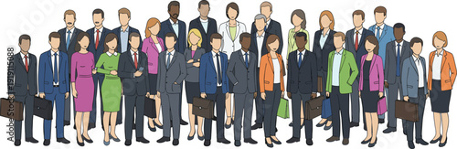 Large group of diverse professional business people in formal suits standing together in a crowd for corporate teamwork, community, and office employment recruitment concept.