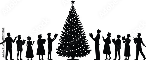 Christmas choir singing around decorated tree holiday celebration silhouettes vector illustration festive seasonal design collection