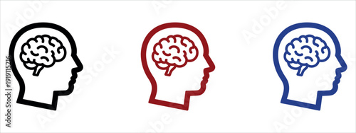 Human Head with Brain Profile Icons Set for Psychology and Mental Health Vector Illustration.