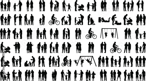 Large set of diverse family silhouettes with parents children and babies in various activities like walking cycling and playing isolated on white for community.