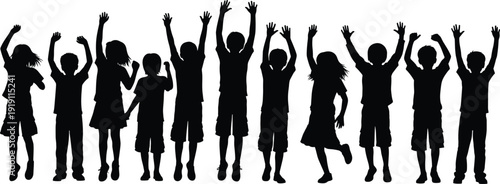Large set of diverse happy children silhouettes jumping and raising arms in joy isolated on white background for elementary school and childhood vector design.