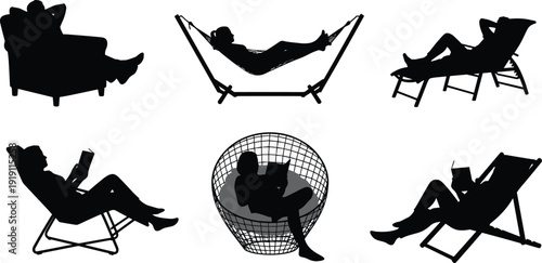 Large set of diverse people silhouettes relaxing and reading in various furniture like hammocks lounge chairs and armchairs isolated on white for home lifestyle.