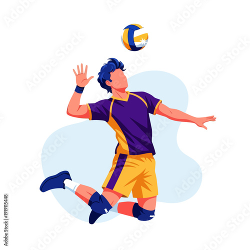 Dynamic flat vector illustration of a volleyball player jumping to spike the ball. Energetic male athlete in purple and yellow uniform performing an attack during a match.