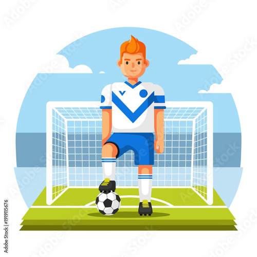 Professional soccer player standing with foot on football in front of goal net. Flat vector illustration of football athlete on the field. Sport competition and training concept.