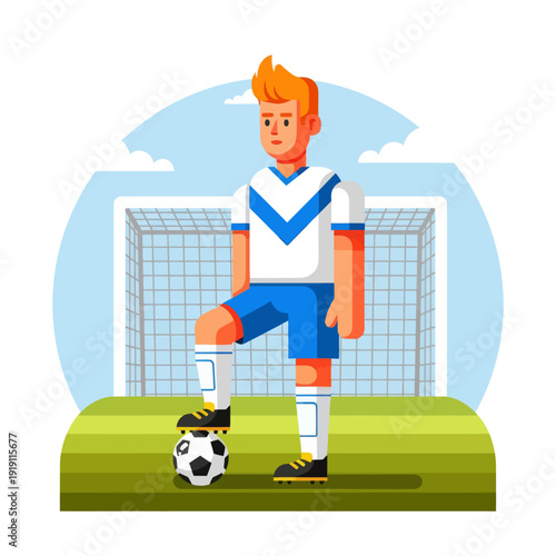 Professional soccer player standing with foot on football in front of goal net. Flat vector illustration of football athlete on the field. Sport competition and training concept.
