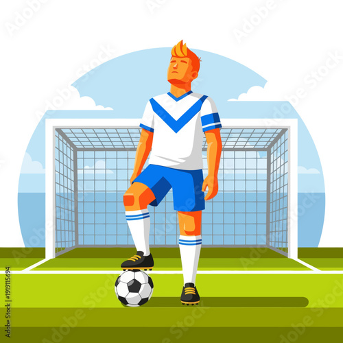 Professional soccer player standing with foot on football in front of goal net. Flat vector illustration of football athlete on the field. Sport competition and training concept.