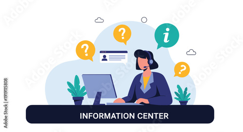 Professional female information center agent with a headset working at a computer with question and info icons.