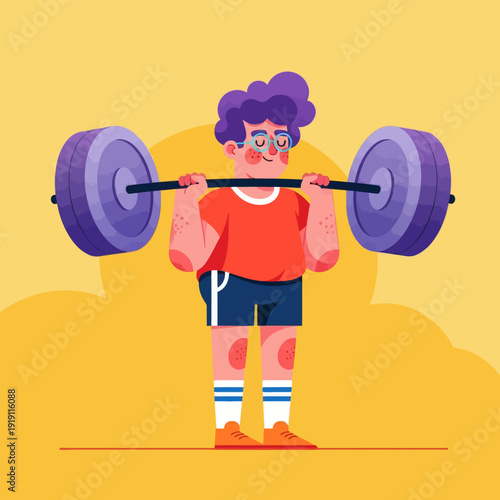 Strong male weightlifter lifting heavy barbell. Flat vector illustration of muscular athlete training. Powerlifting and bodybuilding concept. Energetic character design with yellow background.