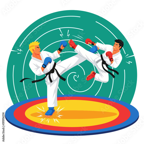 Dynamic vector illustration of two martial artists in combat. Karate fighters in white kimonos performing high kicks during a match in a circular arena.