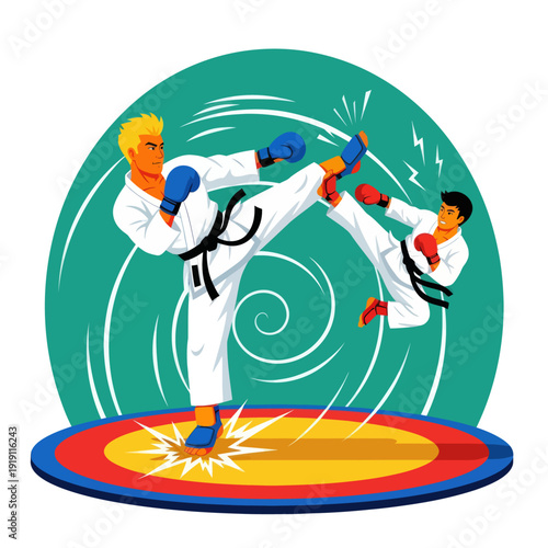 Dynamic vector illustration of two martial artists in combat. Karate fighters in white kimonos performing high kicks during a match in a circular arena.