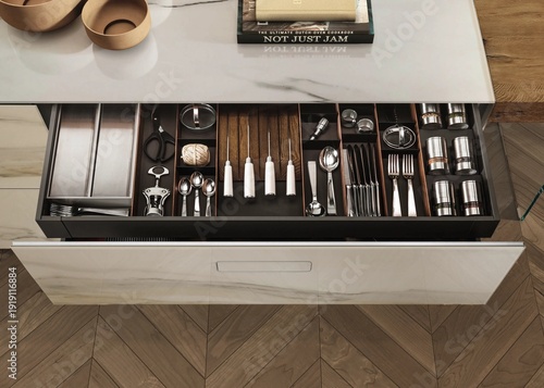 Cutlery set neatly organized in kitchen drawer, forks, knives and spoons in storage tray