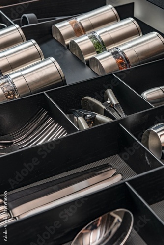 Cutlery set neatly organized in kitchen drawer, forks, knives and spoons in storage tray